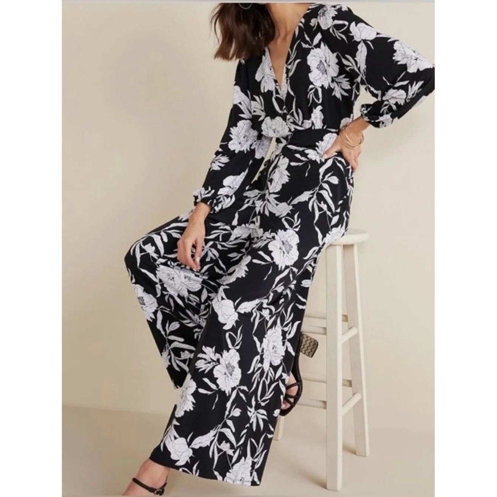 Soft Surroundings Penelope Black‎ White Floral Wide Leg Jumpsuit Women's Large